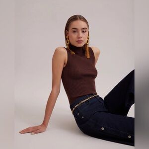 Chocolate Brown Anne Fontaine Solo Sleeveless Quiet Luxury Ribbed Mockneck Top